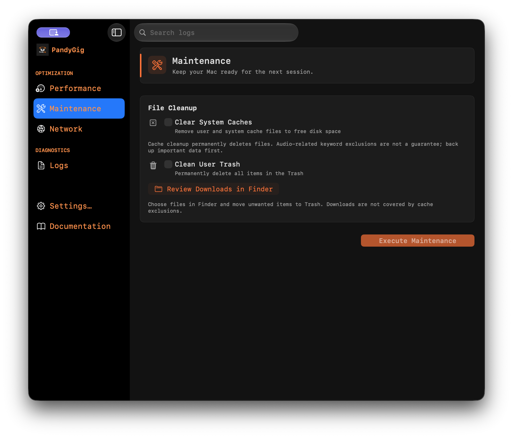 PandyGig Maintenance screen showing cache cleanup, Trash controls and a Downloads review action