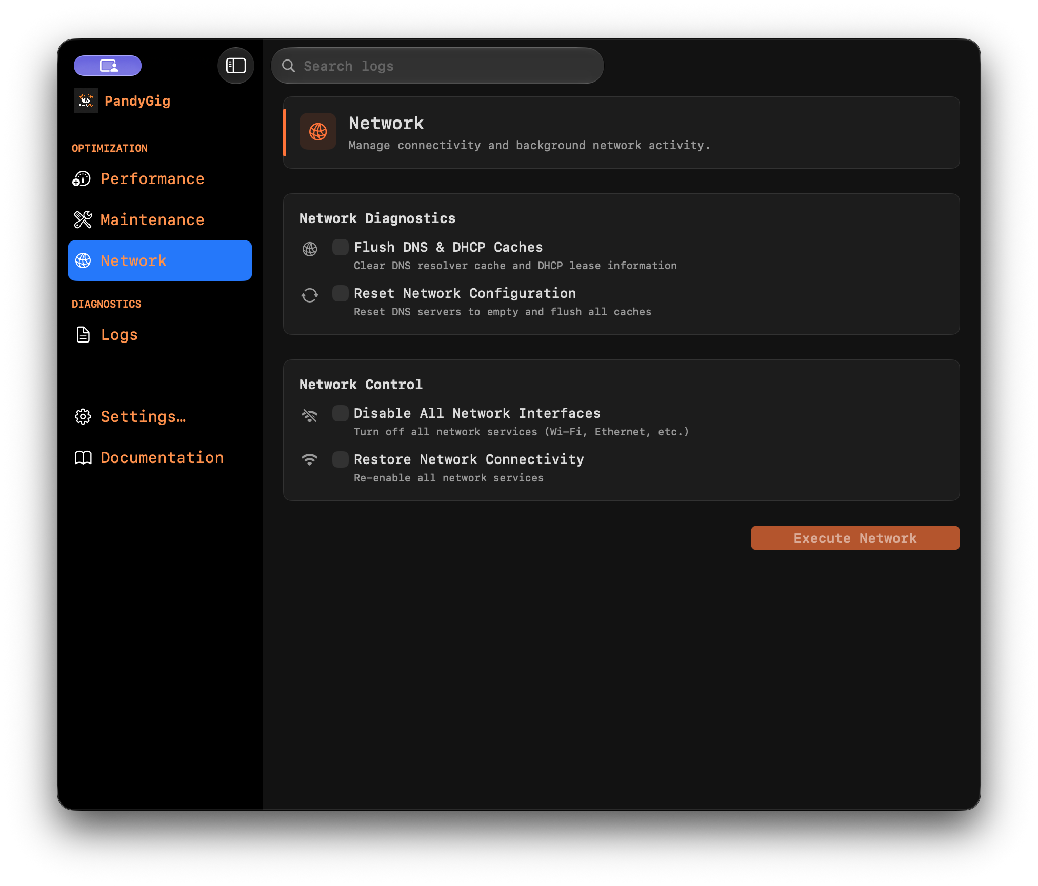 PandyGig Network screen showing DNS, DHCP and network-interface controls