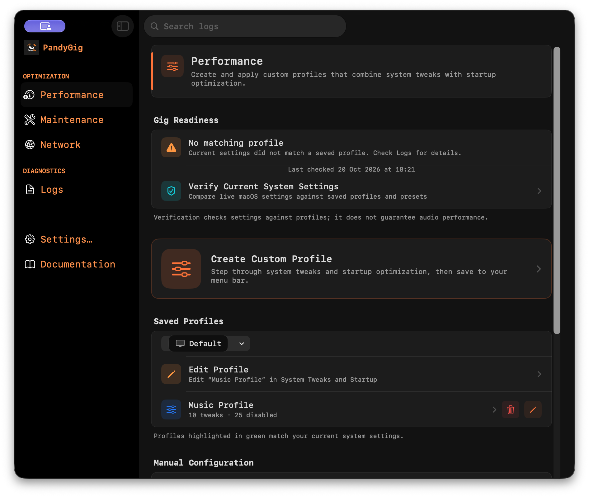 PandyGig Performance screen in the new black and orange interface, showing gig readiness, profile controls and saved profiles